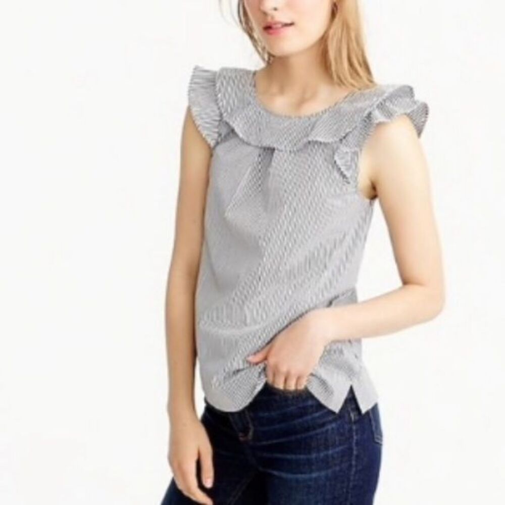 NWT‎ J.Crew Women's Sleeveless Striped Ruffled Neckline Top Gray White Size 00